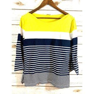 Orvis Womens Shirt Med Boat Neck Blue White Yellow 3/4 Sleeve Pullover